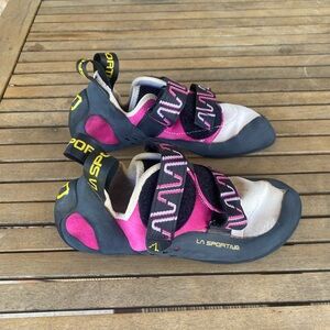La Sportiva Kids Pink and Black Climbing Shoes with Yellow Accents
